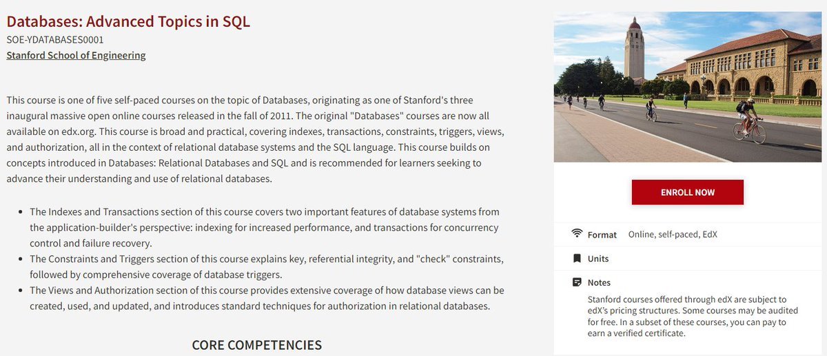 alifcoder's tweet image. 8. Databases: Advanced Topics in SQL:

→ Self-paced
→ Duration - 2 weeks

It Covers:
• Indexes
• Transactions
• Constraints, and much more!

Get a Certificate upon completion.

<a style="text-decoration: none;" rel="nofollow" target="_blank" href="https://www.edx.org/learn/sql/stanford-university-databases-advanced-topics-in-sql">edx.org/learn/sql/stan…</a>