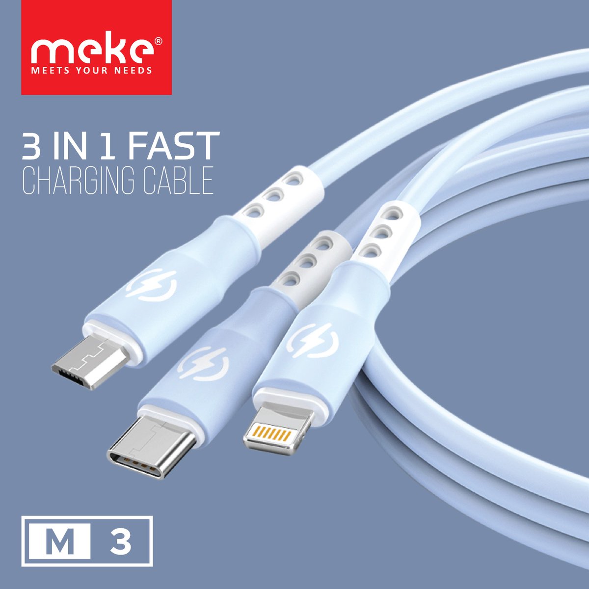 official_meke's tweet image. MEKE M3 3-in-1 Super Fast Charging Cable - your ultimate charging solution! 
•Type-C, Micro, and Lightning connectors power up ANY device you have.
• Blazing-Fast Charging
• Smart &amp;amp; Safe
#meke #3in1cable #chargingcable #typeC #micro #lightning #superfastcharging #MEKE #M3