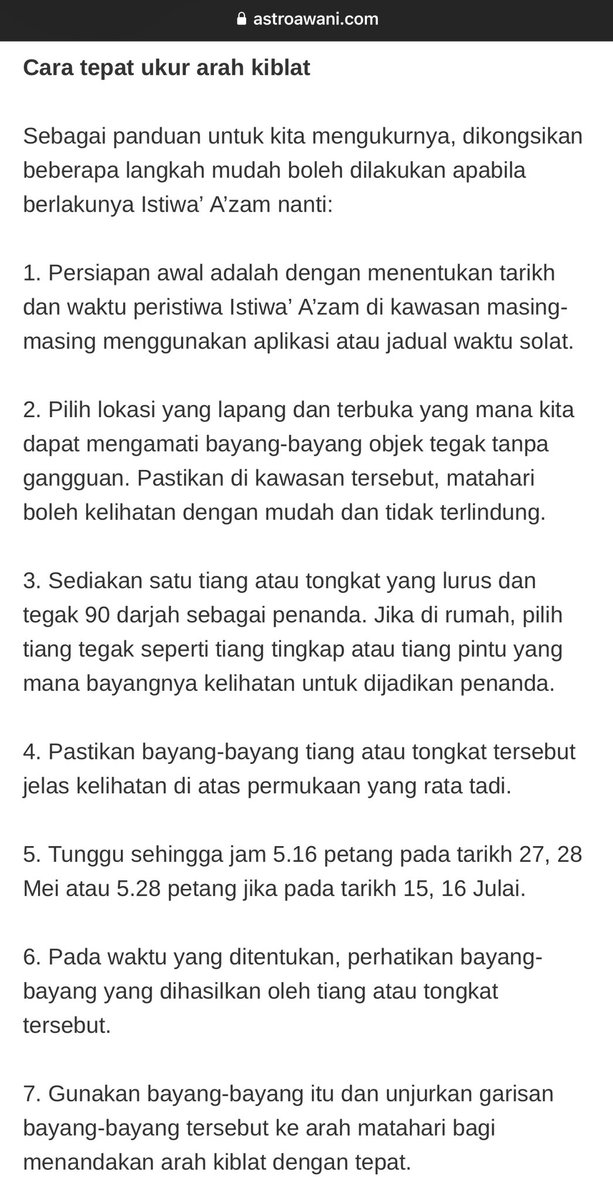 The Sun will be directly above the Ka’abah (Istiwa’ A’zam) on:

27th &amp; 28th May, both at 5.16pm
15th &amp; 16th July, both at 5.28pm

Check your kiblats!