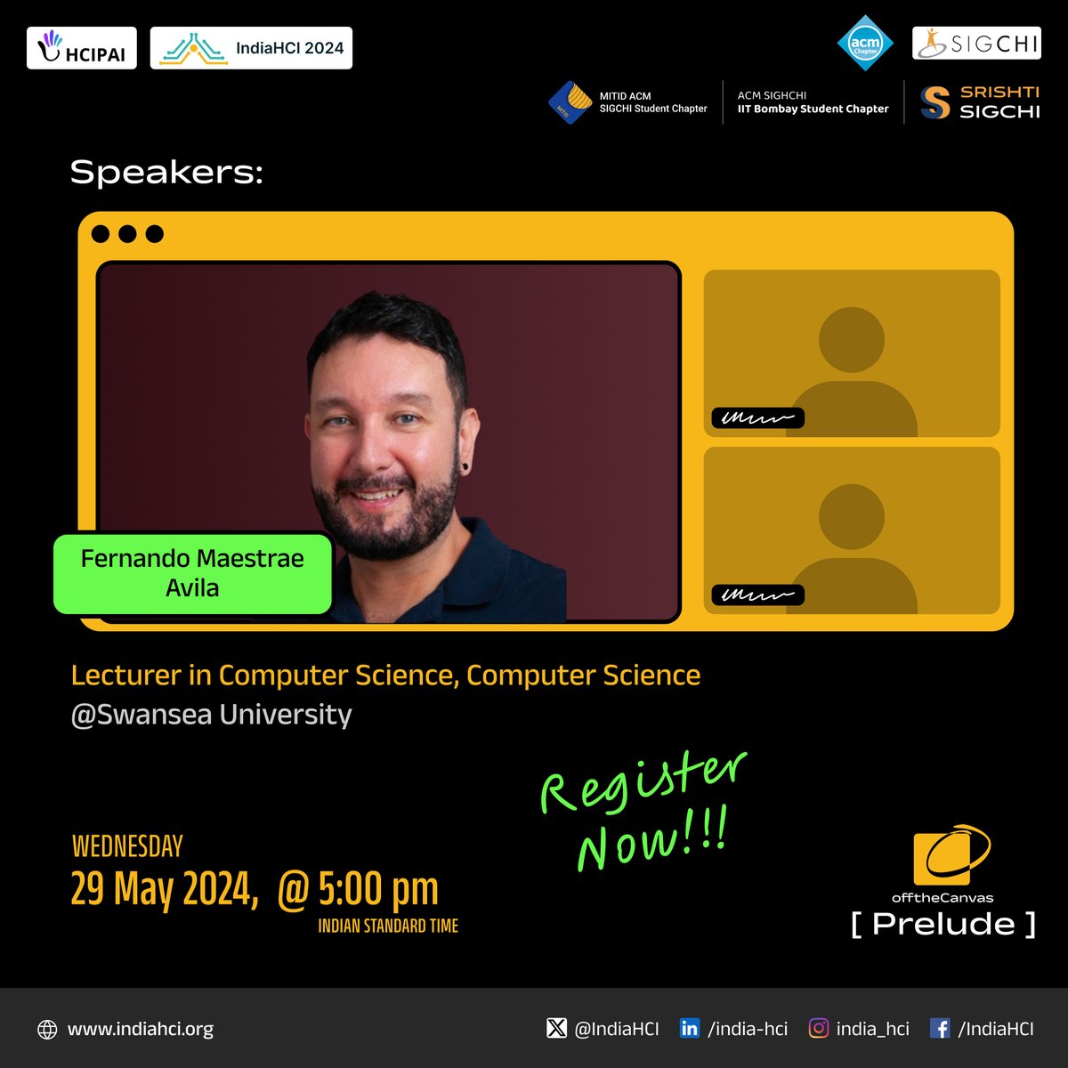 IndiaHCI_'s tweet photo. Excited to announce our second speaker, Fernando Maestrae Avila, Lecturer in Computer Science, Swansea University. Don't miss his talk on Participatory Design as a Method for More Ethical Computer Science. 
Register Now! https://t.co/dVHKfBfnFu
#offtheCanvas #IndiaHCI https://t.co/LbJF8Nsape