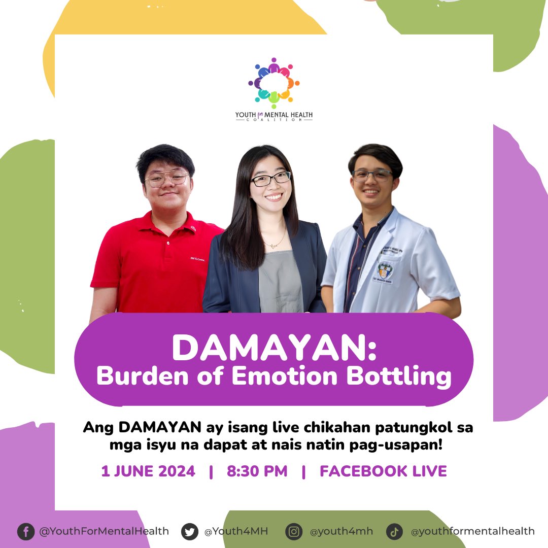 youth4mh's tweet photo. WE ARE BACK ONLINE! 👋

Samahan kami sa ika-unang araw ng Hunyo para sa DAMAYAN!

Kita-kits sa susunod na Sabado (1 June) at pag-usapan natin ang ating mga emosyon, beh 🫶✨

#Y4MH #MoveForMentalHealth #HelpIsHere #Damayan https://t.co/t2zrxhqnll