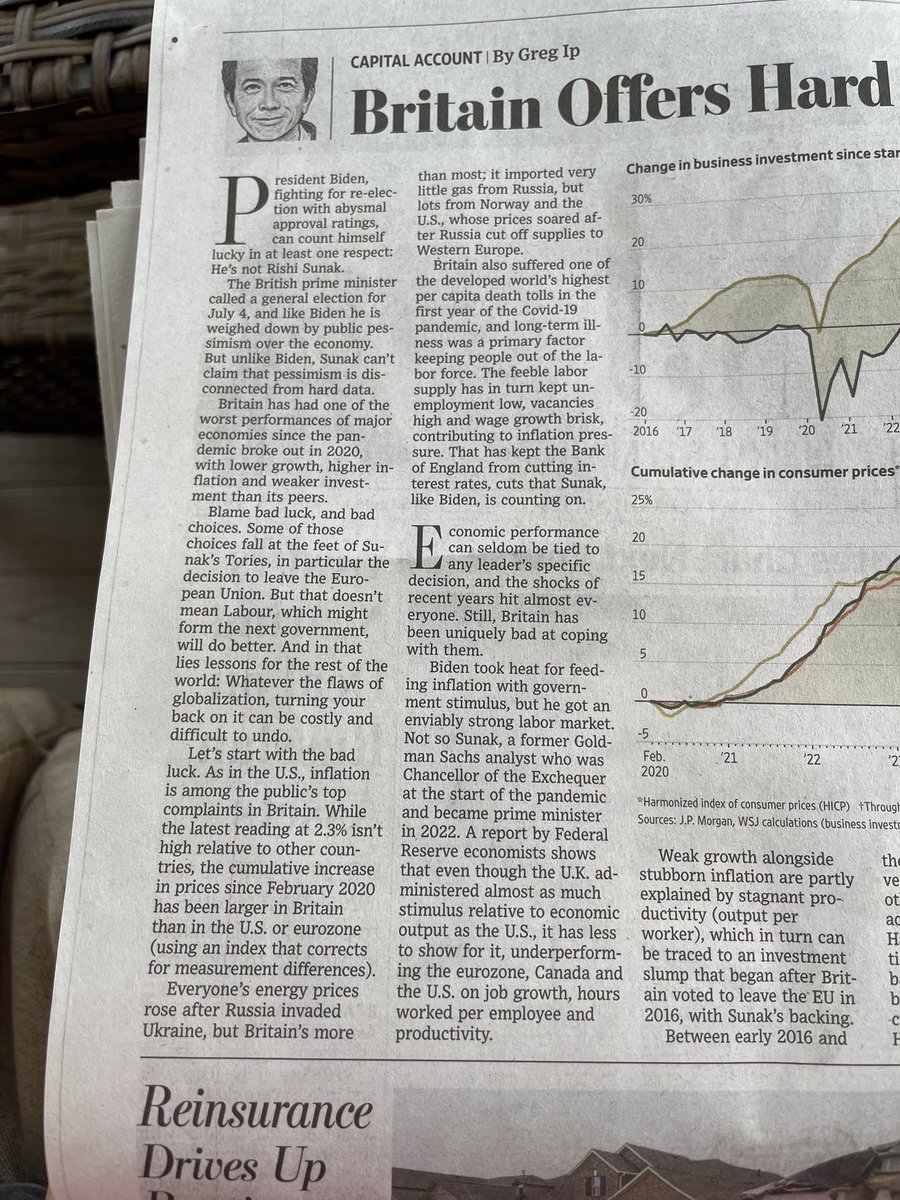 I remain flabbergasted at the Tories’ gall in continuing to claim black is white, up is down, etc, including the ludicrous claim that they are good stewards of our economy, which has allegedly “outperformed” other major economies. Read this BRUTAL extract from today’s WSJ: 🧵