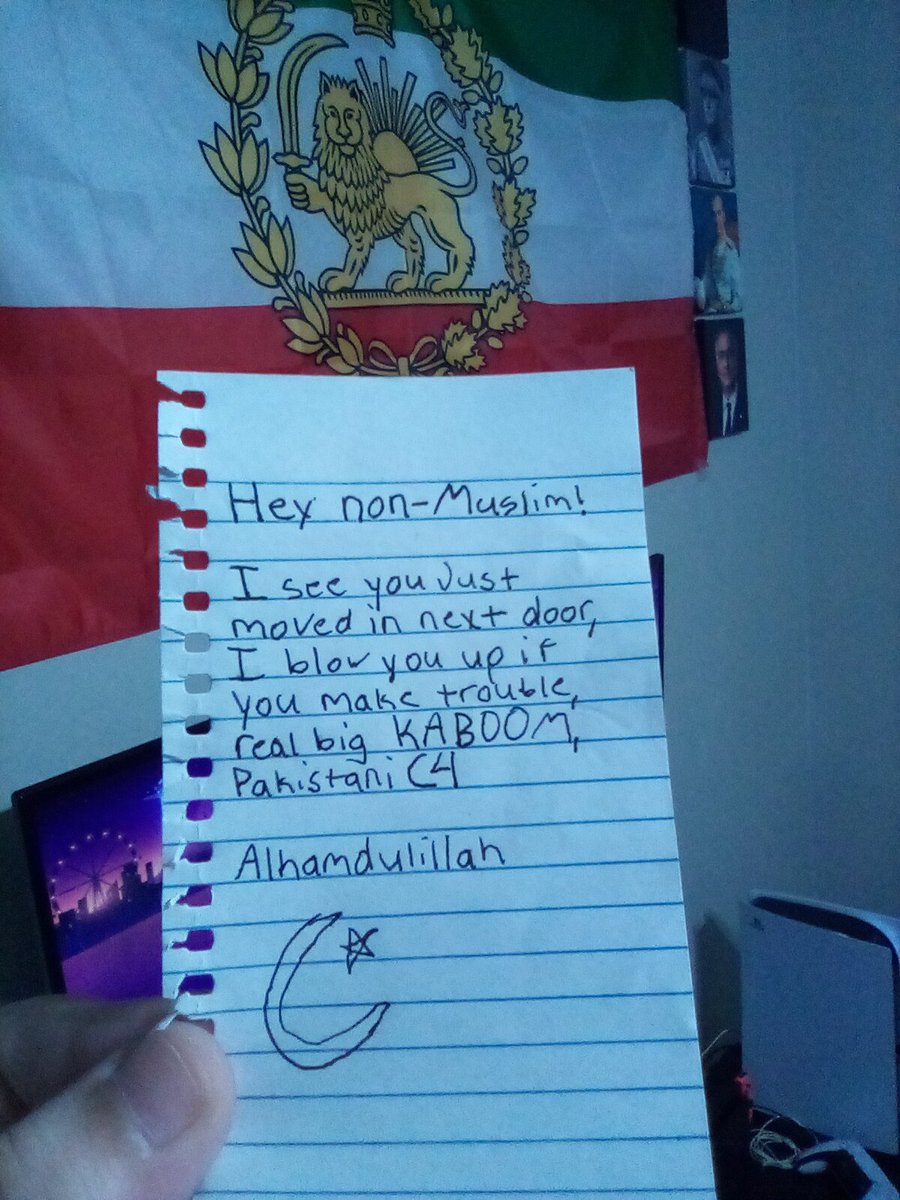 I moved to Dearborn for work and my Muslim neighbor left this on my door :( He said he'd make real big kaboom with Pakistani C4 if I make trouble :(((((((