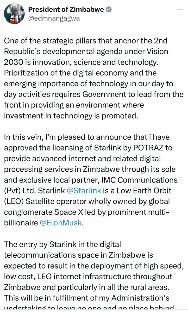 nickmangwana's tweet photo. PRESIDENT APPROVES STAR LINK LICENSE IN ZIMBABWE https://t.co/R4mLjYq9QK