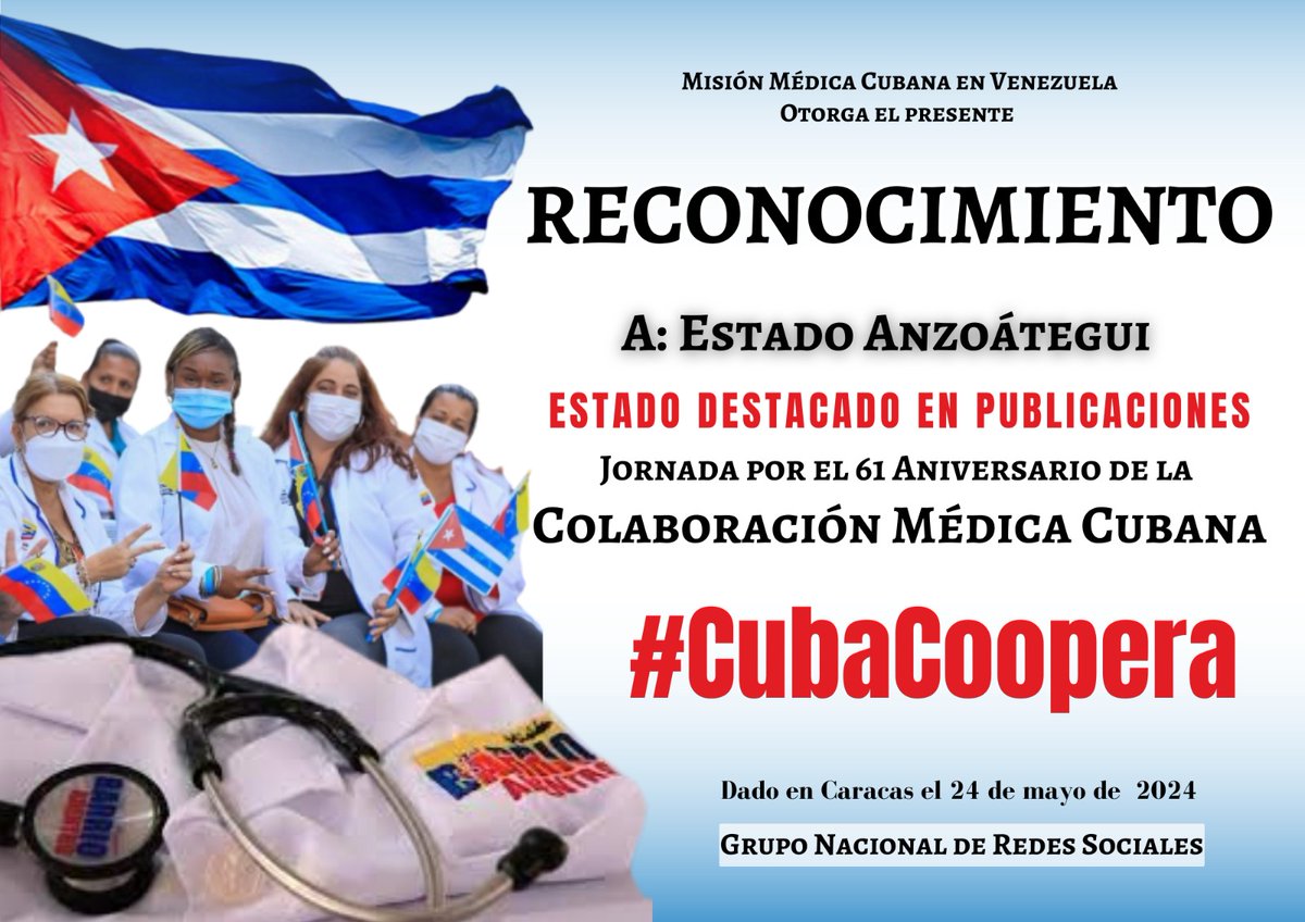 El Grupo Nacional de Redes Sociales de la Misión Médica Cubana en Venezuela otorga el siguiente reconocimiento a las cuentas que resultaron destacadas en sus publicaciones en la intensa jornada  celebrando el aniversario de Colaboración Médica Cubana en el Exterior.
#CubaCoopera