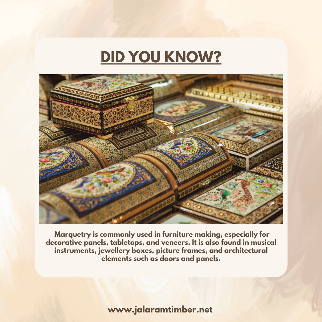 Let's discover the versatile art of marquetry📷

#jalaramtimber #didyouknow #didyouknowfacts #didyouknowthat #didyouknowgram #marquetry #jewellerybox #musicalinstruments #architecture #factsdaily #funfacts #timber #quality #qualityproducts #bestquality #flooring #flooringideas