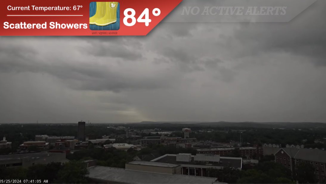 Scattered, non-severe showers and storms are once again possible today in the Bowling Green area. Some are working their way towards campus now, with a second round expected this afternoon; torrential rain and lightning are possible with both. Stay safe, #WKU!