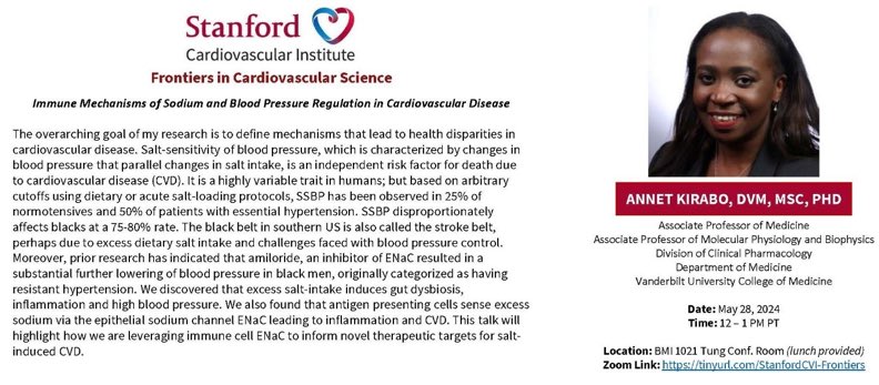 So honored & excited to speak @StanfordCVI on Tue 5/28 at 12-1 pm on #sodium #bloodpressure regulation in #CVD tinyurl.com/StanfordCVI-Fr… Thanks @Joseph_C_Wu for the invite! @StanfordDeptMed @Stanford_ChEMH @SeanM_Wu @BCVSearlyCareer @ATVBCouncil @vascularbiology @AHAScience