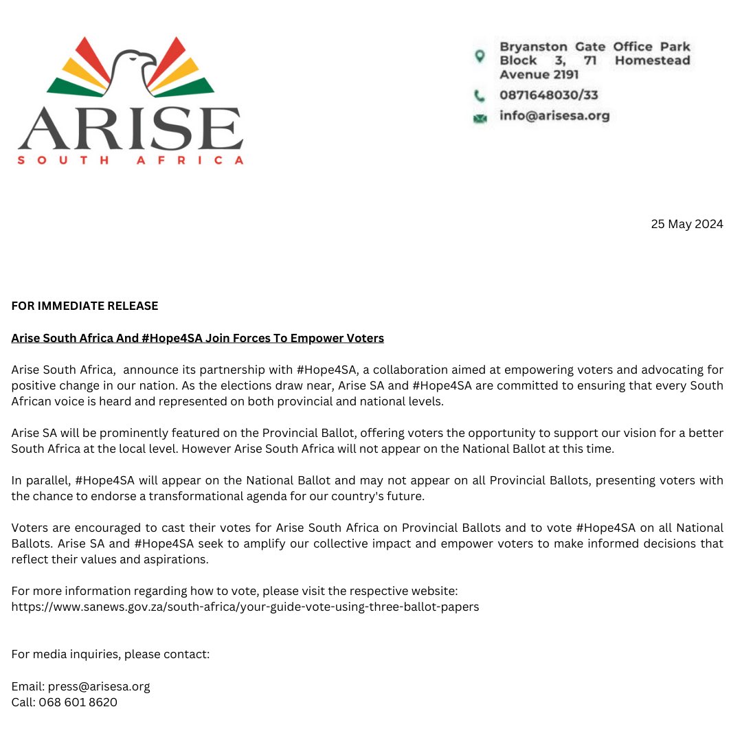 Arise South Africa and #Hope4SA partner together for the upcoming 2024 South African Elections. #votearisesa #vote#hope4sa #remembertovote.