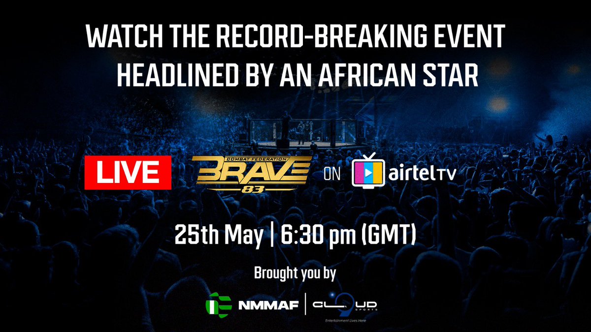 Are you ready to rumble a! Tune in to Airtel TV today for the Brave MMA event and witness Africa’s top fighter battle it out in the ring. Live coverage starts at 6:30 PM GMT. Download the My Airtel App now and bit.ly/3uHW9jm.�@bravecfafrica @nmmafed @cloud9sports