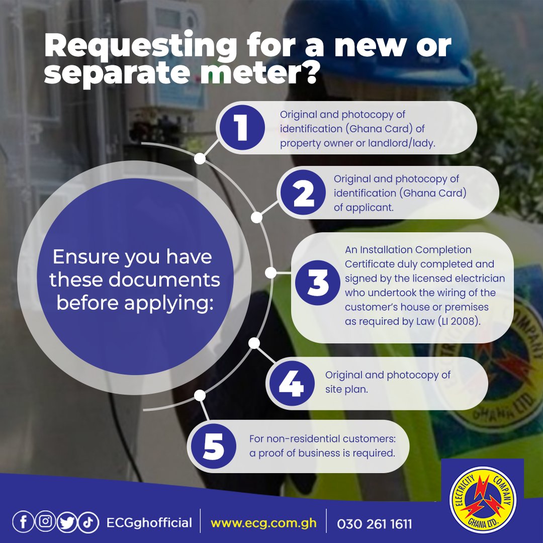 alexander_toms1's tweet photo. Planning to upgrade your meter? A smooth transition to a new meter begins with proper documentation.

Don't forget to arm yourself with all the necessary documents.

ECG, the name behind electricity in Ghana! 🇬🇭

#ECGPowerApp #MeterApplication https://t.co/xA3uYHS5cq