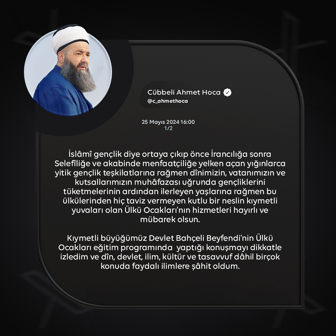 c_ahmethoca's tweet photo. İslâmî gençlik diye ortaya çıkıp önce İrancılığa sonra Selefîliğe ve akabinde menfaatçiliğe yelken açan yığınlarca yitik gençlik teşkilatlarına rağmen dînimizin, vatanımızın ve kutsallarımızın muhâfazası uğrunda gençliklerini tüketmelerinin ardından ilerleyen yaşlarına rağmen bu ülkülerinden hiç taviz vermeyen kutlu bir neslin kıymetli yuvaları olan Ülkü Ocakları'nın hizmetleri hayırlı ve mübarek olsun. 

Kıymetli büyüğümüz Devlet Bahçeli Beyfendi'nin Ülkü Ocakları eğitim programında  yaptığı konuşmayı dikkatle izledim ve dîn, devlet, ilim, kültür ve tasavvuf dâhil birçok konuda faydalı ilimlere şâhit oldum. 

Allâh-u Teâlâ Hanefî- Mâturîdî usûlü üzere hizmeti şiâr edinen ve vatanın bölünmez bütünlüğü için fedâi can etmeyi göze alan bu ocakları, Kur'ân, Sünnet ve Ehl-i Sünnet yolu üzere ayrıca Hoca Ahmet YesevÎ Hazretleri'nin pîrlerinden olduğu hâcegân tasavvufu üzere pâyidar eylesin. Bütün nazarlardan, şerlerden ve şerlilerden hıfz-u emîn eylesin. 

İlâ yevmi’l-kıyâm bu ocaklardan nice imanlı, Kur'ân'lı, vatan aşığı nesiller halk eylesin. Kıymetli büyüğümüz Devlet Bahçeli Beyefendi'ye de hayırlı uzun ömür ve sıhhat-ü âfiyetler ile bu ocakların başında daha nice yıllar hayırlı hizmetler yapmasını nasîb eylesin. Âmîn.
