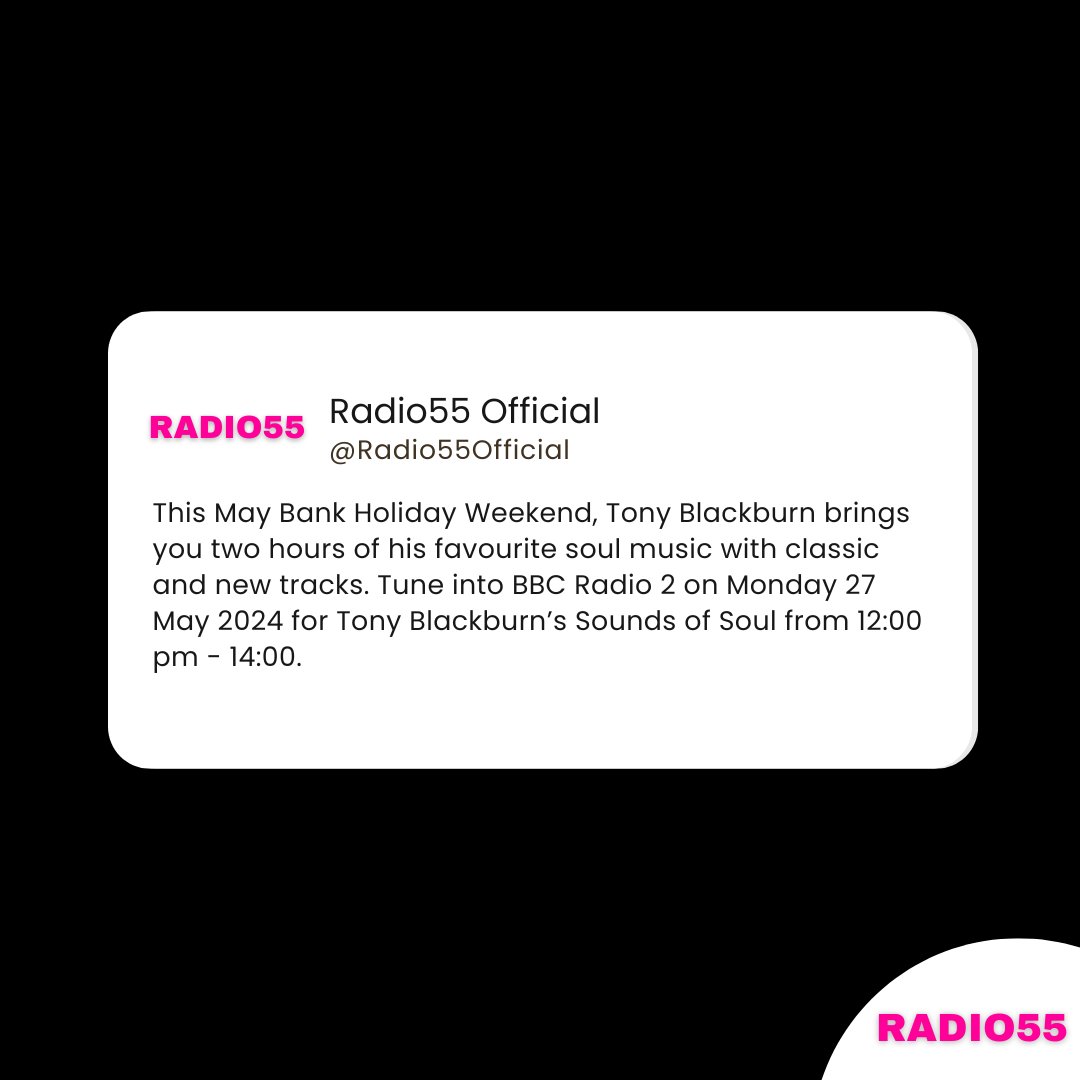Radio55Official's tweet photo. Bank Holiday Monday's going to be so good with @tonyblackburn's Sounds of Soul on @BBCRadio2 from 12:00 - 14:00! Listen on your radio or @BBCSounds.
#Radio #RadioNews #TonyBlackburn #BBC #BBCRadio #BBCRadio2 #Soul #SoulMusic #SoundsOfSoul #BankHoliday #BankHolidayMonday https://t.co/7690KD1JY1