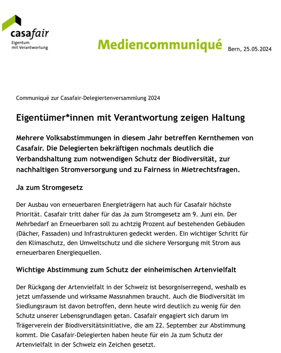 Ich freue mich, dass die Delegiertenversammlung von @VerbandCasafair deutlich die Verbandshaltung zum notwendigen Schutz der Biodiversität und zur nachhaltigen Stromversorgung und auch zu Fairness in Mietrechtsfragen zeigt!
Ja zum #Stromgesetz und Ja zur #Biodiversität 😀😀