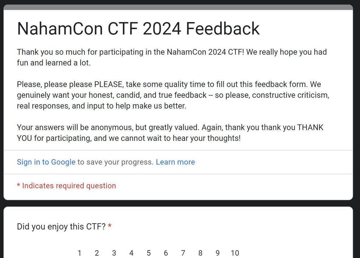 Getting close to the end of the NahamCon 2024 CTF! If you did have a chance to play, please pretty please be sure to fill out that feedback form! It's seriously the only way we really know what was good, bad and ugly. #NahamCon2024 CTF jh.live/nahamcon-ctf