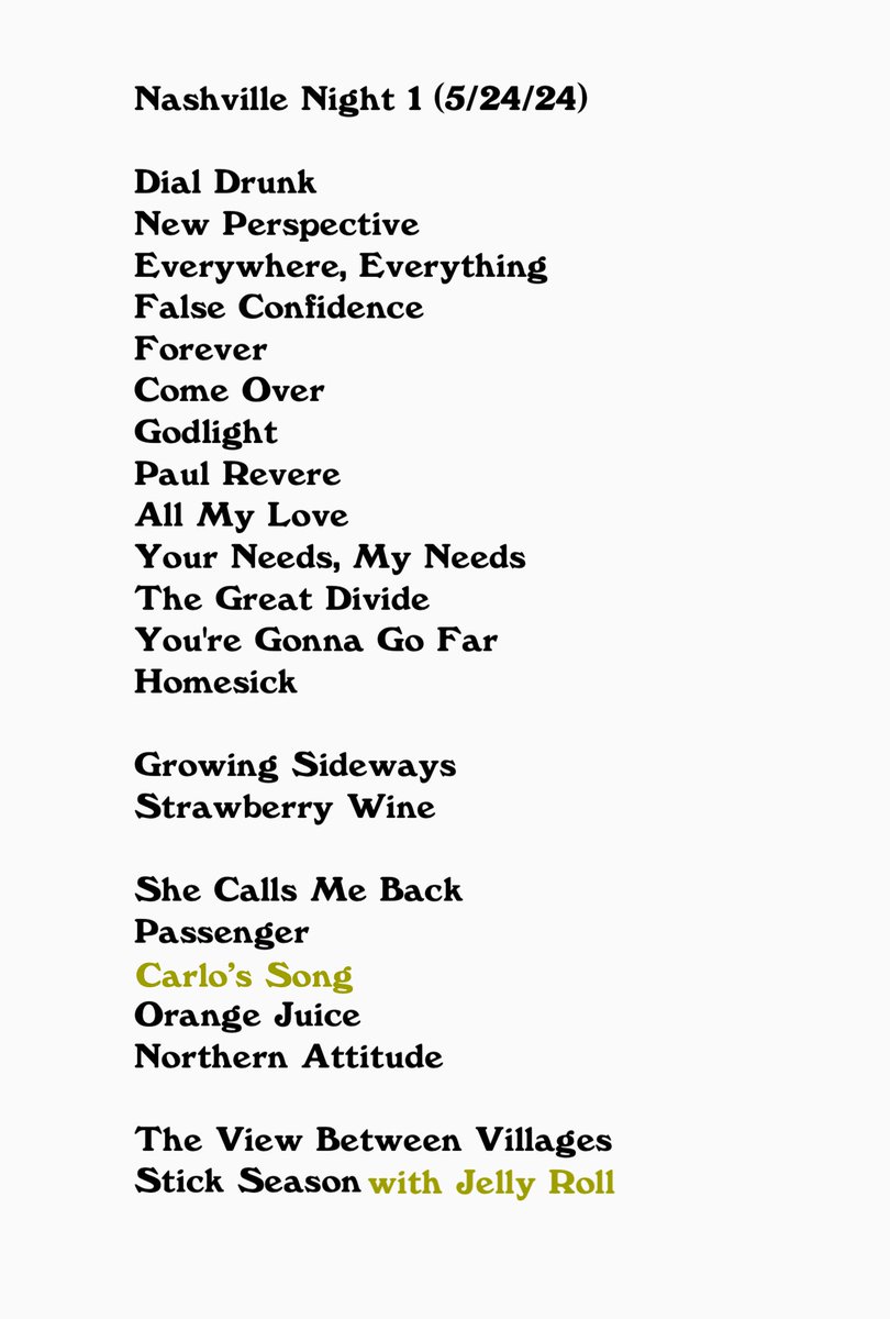 NoahKahanNation's tweet photo. 🎶| Nashville night 1 setlist 🫶 https://t.co/rSFCOjCpev
