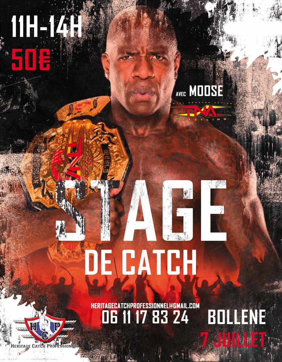 Stage de catch avec le champion de la TNA, Moose !

<a href="/HCPcatch/">HCP CATCH</a> a annoncé qu'un stage de catch avec l'actuel champion de la TNA, <a href="/TheMooseNation/">MOOSE™️</a>, aura lieu le 7 juillet prochain à Bollène.