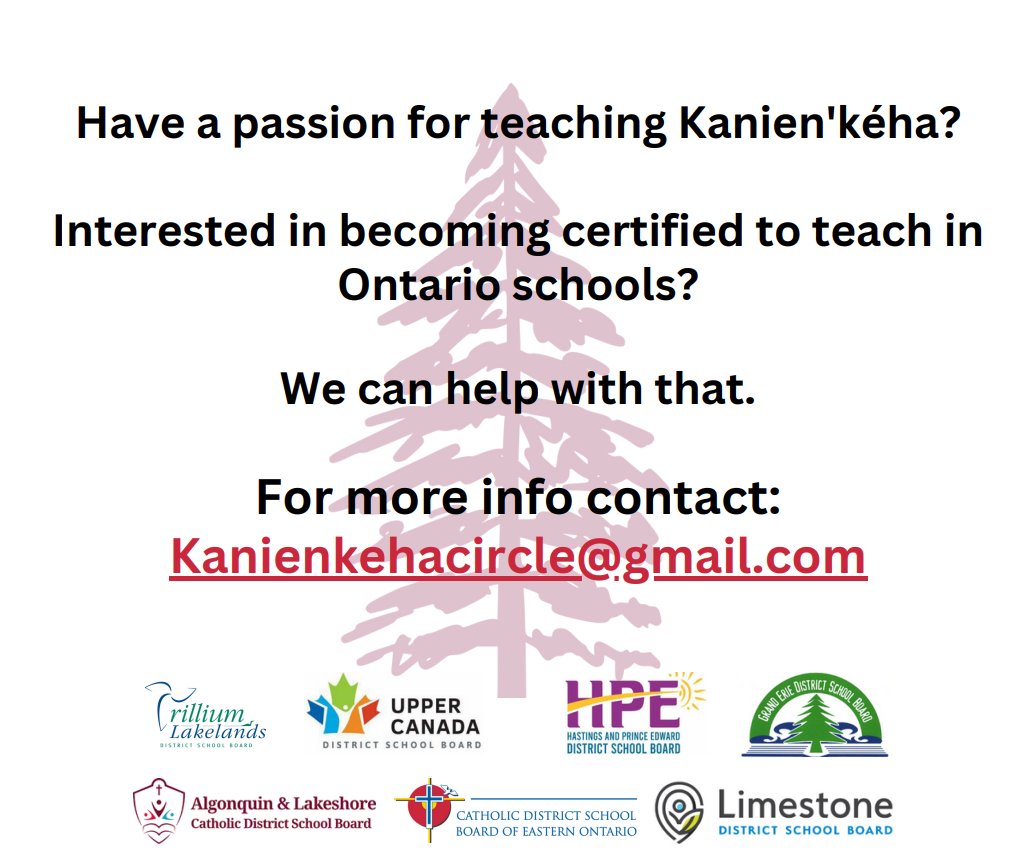 The Kanien'kéha Circle is looking for individuals who are passionate about language revitalization and who are dedicated to teaching learners of all ages in Ontario school boards. Deadline: May 31, 2024. Please contact kanienkehacircle@gmail.com to apply & for more information.