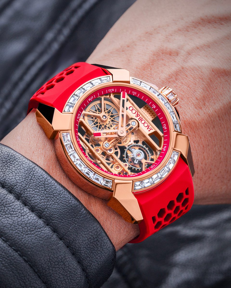 _Jacobandco's tweet photo. Two worlds, united. The Epic X Baguette - Red is where haute horlogerie meets high jewelry, with a skeleton movement and a bezel full of baguette-cut white diamonds.

#Jacobandco #Inspiredbytheimpossible https://t.co/VpeyO8NDke