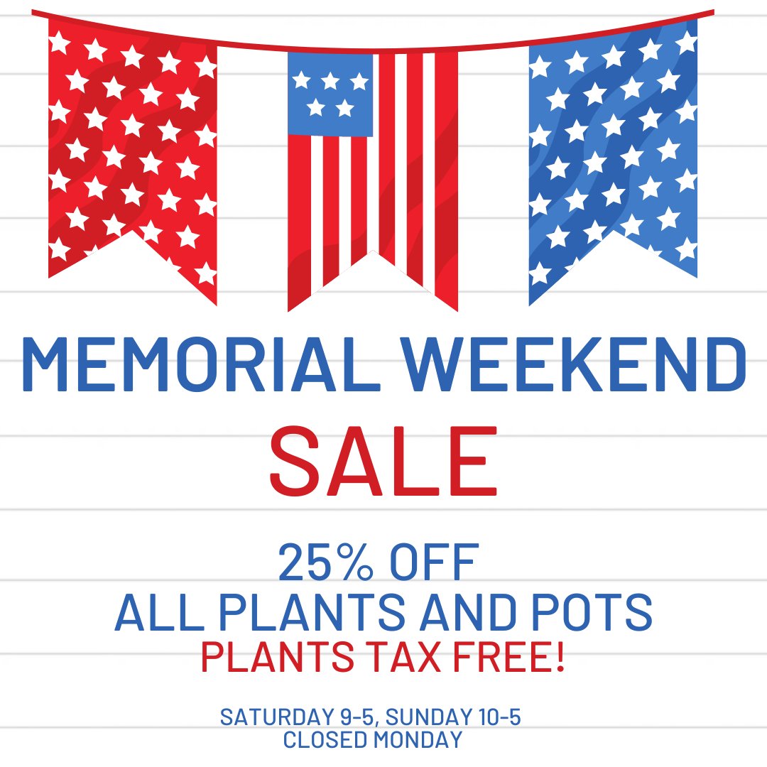 Rootedin_TX's tweet photo. The Memorial Weekend Sale is here! Come on out to the nursery and receive 25% off all plants and pots, with all plants being tax free! We are open today 9-5 and tomorrow 10-5. #taxfree #memorialday #plantsale https://t.co/SkrQ5Sabq1