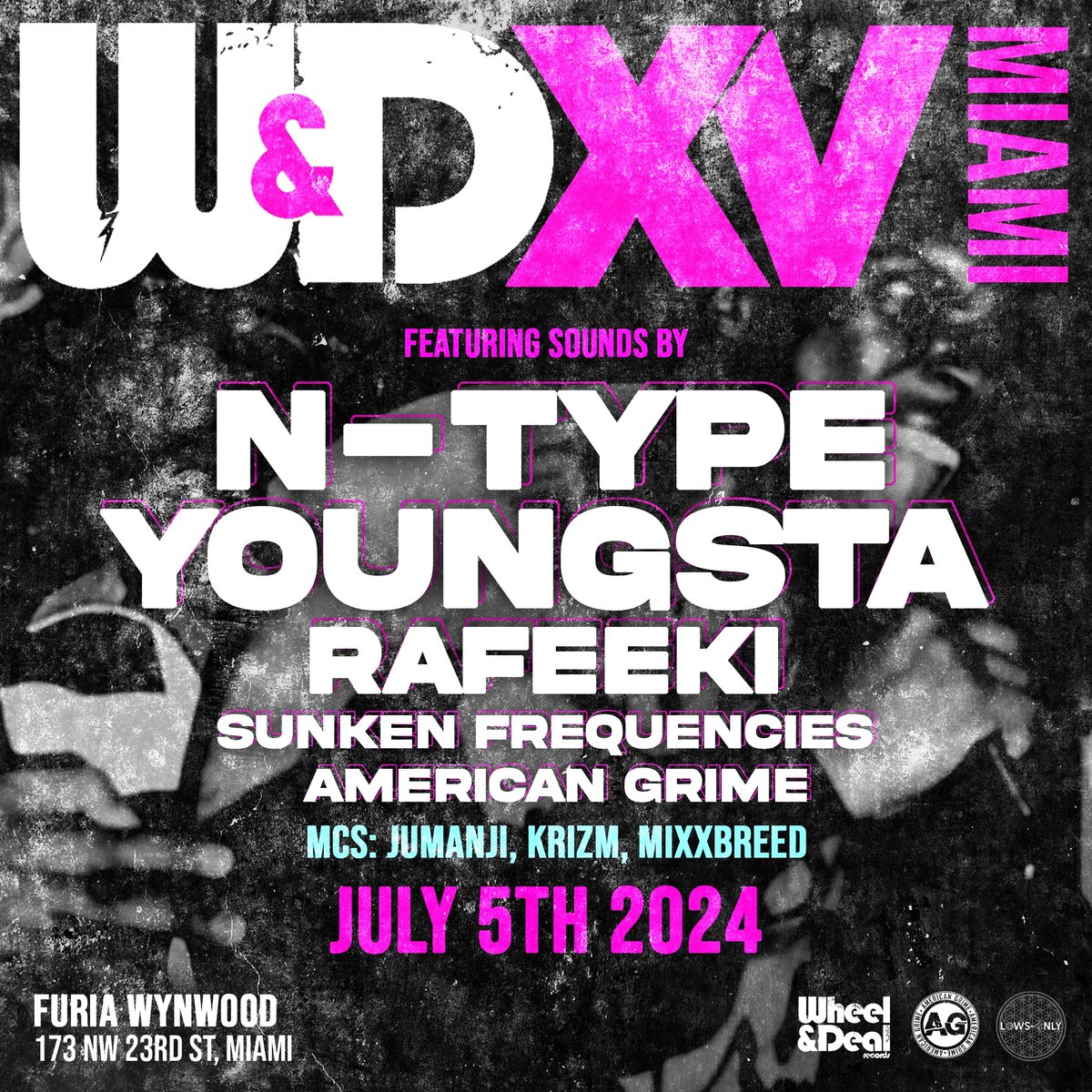 <a href="/wheelanddealrec/">Wheel & Deal Records</a> x Miami!!!

<a href="/djntype/">N-Type</a> x <a href="/DJYoungsta/">DJ Youngsta</a> x <a href="/RAFEEKI_MUSIC/">🌅</a> x <a href="/SunkenFrequency/">Arthus</a> x <a href="/Brightwingdubs/">Brightwing</a> x <a href="/MCJumanJi/">Jumbo Shrimp 🍤</a> 

Reinforced sound by Black Cat 

Holiday weekend, July 5th, Warehouse in Wynwood.

#AmericanGrime #LowsOnly
Ticket link -&gt; bit.ly/WheelandDealSh…