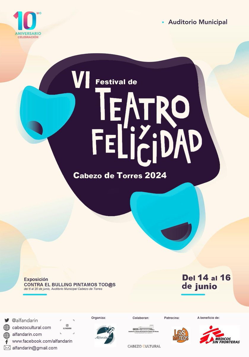 Las entradas estarán a la venta 2€ para las muestras de teatro, todos los lunes, miércoles y viernes de 18 a 20 horas en el Auditorio de Cabezo de Torres. 
<a href="/los2mateos/">Los 2 Mateos</a> @medicossinfronteras. @Alfandarin