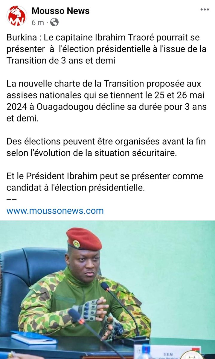 #Burkina | Le capitaine Ibrahim Traoré pourrait se présenter à l'élection présidentielle à l'issue de la Transition prolongée de 3 ans et demi. 
#Lwili #TL226