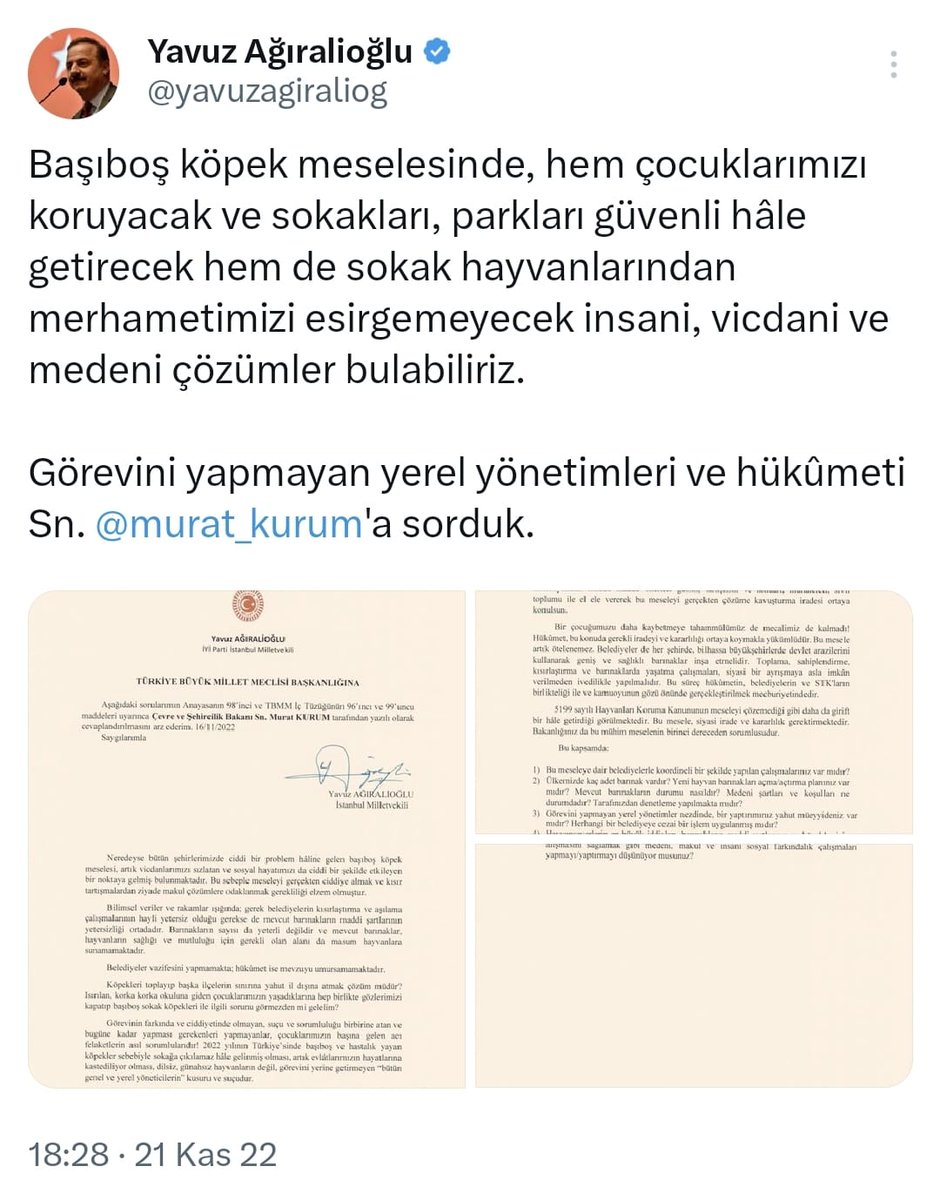 yavuzagiraliog's tweet photo. Başıboş köpek meselesi, siyaset üstüdür ve ivedilikle çözülmesi gereken bir hâli çoktan geçmiştir. Hem çocuklarımızı koruyacak ve sokakları, parkları güvenli hâle getirecek hem de sokak hayvanlarından merhametimizi esirgemeyecek şekilde; iktidarı, muhalefeti, yerel yönetimleri ve STK'ları ile el ele bu meseleyi insani, vicdani ve medeni şartlarda çözüme kavuşturmak mecburiyetindeyiz.

Bu vakte kadar, görevini yapmayan yerel yönetimlere ve duyarsız, vurdumduymaz hükûmete birçok kez hatırlattığımız meselenin çözümü de esasında bellidir:

✓ Sahipsiz köpekler sokaklardan, insanların güzergâhlarından, yaşam alanlarından kesinlikle ve ivedilikle toplanmalıdır. Yeter artık!

✓ Kısırlaştırma uygulamaları kesinlikle yetersizdir ve kalıcı çözüm değildir. Kısırlaştırma ve aşılama ile birlikte, köpekler kesinlikle barınaklarda tutulmalıdır. Asla tekrar sokağa salınmamalıdır.

✓ Binlerce çocuğumuz saldırıya uğrarken vicdansızca susan yahut üstüne bir de çocukları suçlu çıkartan kalpleri kararmış kimselerin çığırtkan seslerinin bu mevzuyu sulandırmasına ve çözümsüz kılmasına da asla müsaade edilmemelidir.

✓ Betonarme binalara ve barınaklara verilecek büyük paralarımız yoksa şehirlerin çeperlerinde, uygun noktalarda, tercihen ağaçlık-ormanlık yerlerde-arazilerde, 20-30 dönüm alanlarda, etrafını çitlerle çevirmek suretiyle, basit ve uygun bir şekilde, barınma meselesini çözebiliriz. İlla milyonlar vermek mecburiyetinde değiliz! Bu meseleyi içinden çıkılamaz ve girift hâle getiren hususlardan biri de budur. Büyük bütçelerle değil de daha küçük miktarlar ile ve imkânlar ölçüsünde barınak meselesi çözülmelidir. Bu barınaklar inşa edilirken de uzmanlardan, veterinerlerden ve STK'lardan destek alınmalıdır.

✓ Evcil hayvanlarını sokağa terk edenler için, çok ciddi ve caydırıcı cezalar getirilmelidir. Barınaklardan köpek sahiplenmek kolaylaştırılmalı ancak sonrasındaki takibi çok sıkı ve kurallı olmalıdır. Yazları, tatil bölgeleri, bir hevesle alınan ve ardından terk edilen kedi ve köpeklerle doludur. Bu masum canların satışı, internetten pazarlanması ve kontrolsüz ticari üretimi, "nitelikli hayvan istismarı" kapsamında yasaklanmalıdır. Sahiplendirme ise teşvik edilmeli ve çok sıkı kurallara bağlanarak karne ve çip ile takibi yapılmalıdır.

✓ Sokak köpekleri sorununun çözümü için, siyasi ve toplumsal bir ayrışmaya imkân verilmeden ve kamuoyunu ikiye bölmeden, hem hükûmete hem belediyelere hem de STK'lara büyük sorumluluk düşmektedir. Hiç değilse bari bu problemimizi uzlaşma ile çözelim!

✓ Hayvanseverlerin ve STK'ların, sokak hayvanlarını sokaklarda, parklarda değil, bu barınaklarda beslemesinin planlaması yapılmalıdır. Lokantalar, kafeler ve otellerin artan yemeklerinin toplanıp barınaklarda köpeklere verilmesi, belediyeler öncülüğünde sağlanmalıdır. Bu sayede hem çöpe giden gıda israfı azaltılmış hem de beslenme maliyetleri düşürülmüş olacaktır. Sosyal medyada bağıranları bilemeyiz ancak samimi ve vicdanlı hayvanseverler, bu işin organizasyonunda severek yer alacaklardır! Uyutmak nasıl merhametsizlikse çocuklarımızı bu köpeklerin saldırılarından koruyamamak da daha büyük bir merhametsizliktir! Yıllardır, bir inat ve vicdansızlıkla konuyu kangren hâline getiren de bu anlayışsızlıktır. Toplumu ikiye bölmeye gerek yok! Yıllardır, meseleyi görmezden gelen yetkililerin, görevini yapmamasının ceremesini çocuklarımız çekiyordu; şimdi de bu ihmalin bedeli, büyük bir problem hâline gelmiş olan masum köpeklere ödettirilecek noktaya geldi. Hâlbuki yukarıda çerçevesini çizdiğimiz şekliyle makul ve vicdanlı çözümler ortadadır.

Kısırlaştırılan hayvanların hayatları normal takvimlerinde sona ereceği için, beş yıl sonra, köpek popülasyonu da muhakkak olarak barınaklarda kontrol altına alınmış olacaktır.

Toparlarsak; tüm siyasileri ve kamuoyunu, akıl ve vicdan eşliğinde bu mevzuya ciddiyetle eğilmeye ve problemi artık ortadan kaldırmaya davet ediyoruz.

Türk Milleti, 2024 yılında, hayatını sürdürürken bu ilkelliği gerçekten hak etmiyor.

Başta çocuklarımız, kadın ve yaşlı vatandaşlarımız olmak üzere, milletimizi bu başıboş köpek meselesinden korumak ve kurtarmak mecburiyetindeyiz. Artık bir insanımızı daha kaybetmeden bu problemi çözüme kavuşturmalıyız.