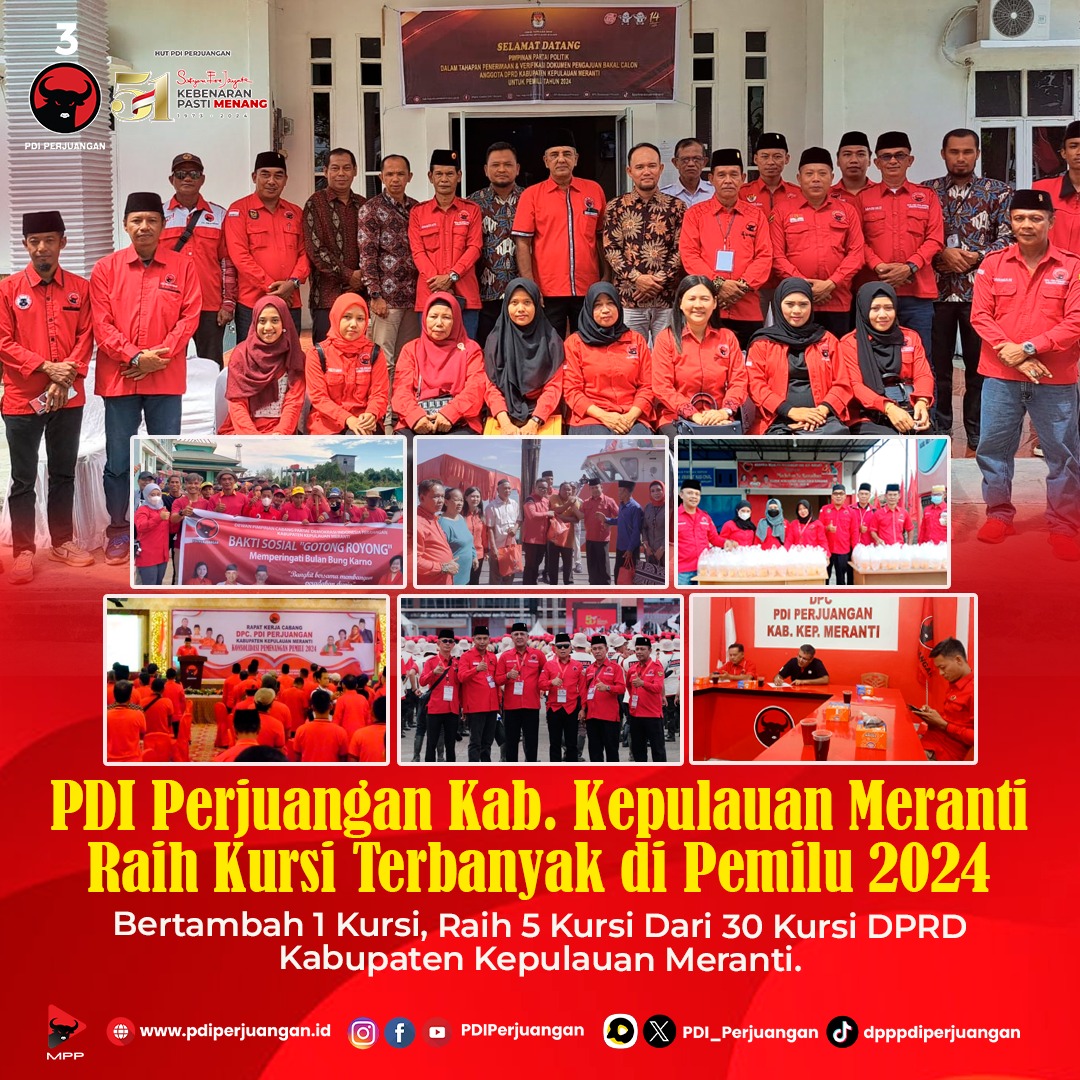 PDI Perjuangan Kabupaten Kepulauan Meranti Raih Kursi Terbanyak di Pemilu 2024. Bertambah 1 Kursi, Raih 5 Kursi Dari 30 Kursi DPRD Kabupaten Kepulauan Meranti.

#PDIPerjuangan
#M3nangkanRakyat
#KebenaranPastiMenang
#SatyamEvaJayate