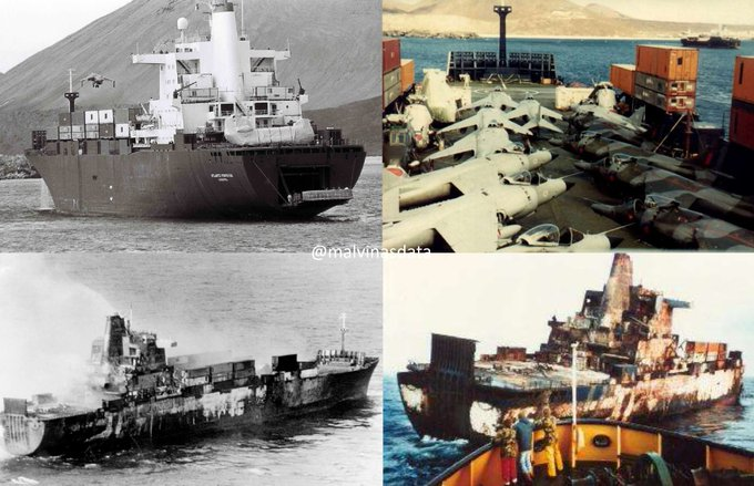 MalvinasData's tweet photo. 📷 Postales de #Malvinas 🇦🇷
El 25 de mayo de 1982, el capitán de corbeta Roberto Curilovic y el teniente de navío Julio Barraza a bordo de sus Super Étendard atacan al buque logístico Atlantic Conveyor, generando un incendio incontrolable que provoca su hundimiento.

#Malvinas42 https://t.co/y3oG908s0t
