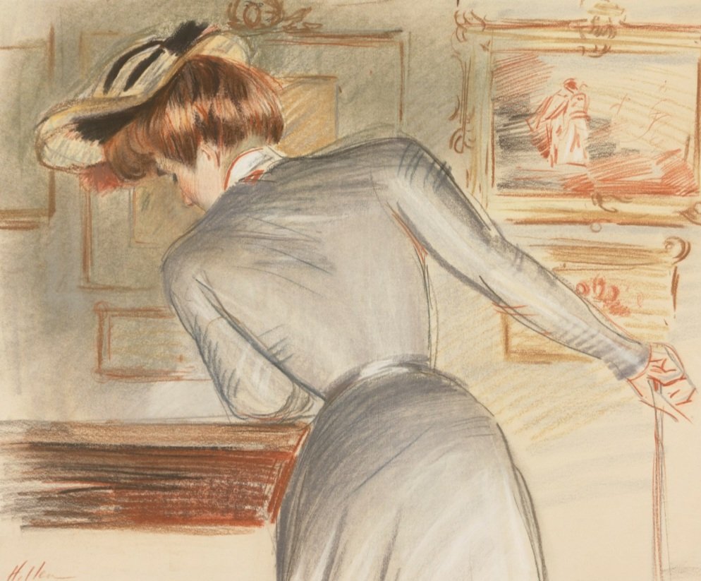 The entire career of Paul-César Helleu evokes a time of elegance and luxury; his lifetime corresponds to the period of prosperity between France’s Second Empire and the beginning of WW1. This work depicts his wife Alice looking at drawings by Jean Antoine Watteau from the