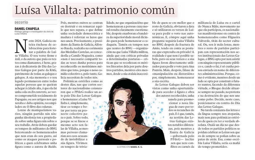 Hoxe escribo en La Voz de Galicia sobre Luísa Villalta, patrimonio común de todas as galegos e galegos. Fronte á desunión en torno á cultura por parte duns, unidade e futuro xuntos como resposta.