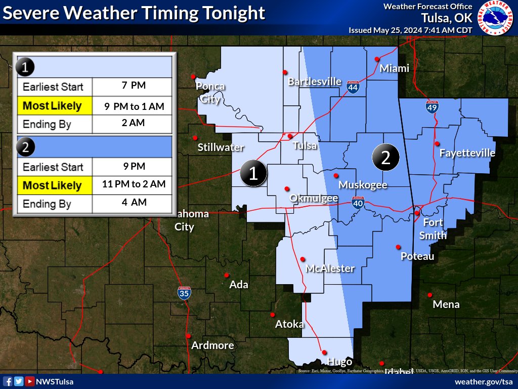 NWStulsa's tweet image. [8:15 AM 5/25/24] Severe weather is forecast to spread into portions of E OK this evening with severe potential continuing eastward into the overnight hours. Reminder to have multiple ways to receive weather information especially any severe weather watches and warnings.