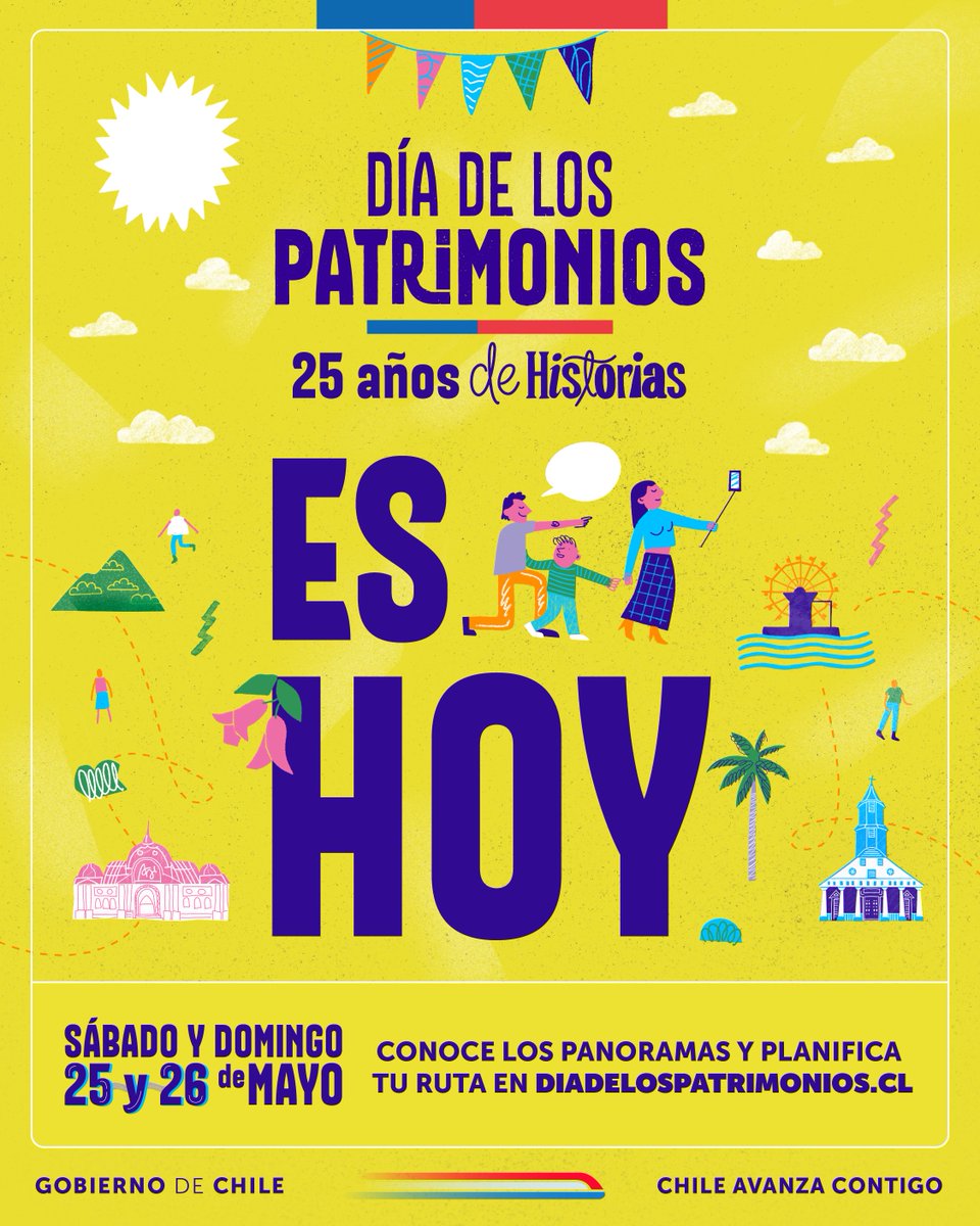 ¡Es hoy! 🎉 Únete a la celebración de los 25 años del #DíaDeLosPatrimonios en uno de los más de 3.000 eventos disponibles ✨ ¿Todavía no sabes qué hacer? 👀 Planifica tu fin de semana y únete a la fiesta cultural más grande de Chile en diadelospatrimonios.cl