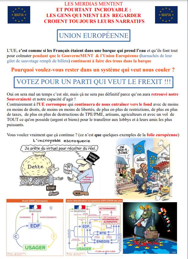 Feuillet 13 sur l'UE et le #Frexit (photo jointe pour voir) Flyer à glisser roulé à la poignée de portière conducteur des voitures pour réveiller les gens qui ne sont pas sur les réseaux😉 Lien vers le pdf pour l'imprimer & le diffuser 👍 t.me/Babibelle33/33