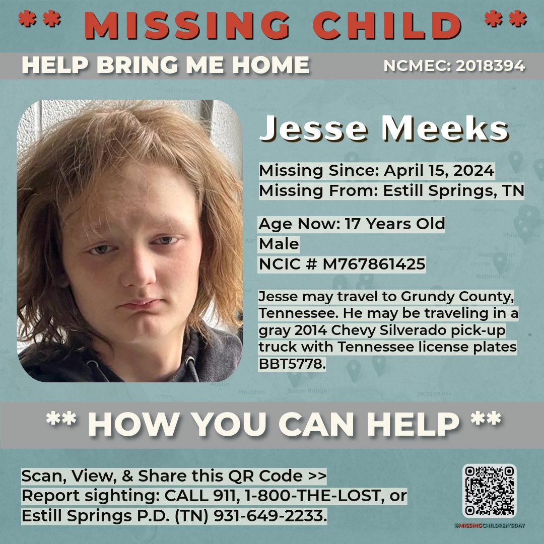 Have you seen Jesse Meeks, 17, last seen April 14 in Estill Springs, TN? If you have ANY info, please call Estill Springs P.D. at 931-649-2233 or @NCMEC at 1-800-THE-LOST. Time is of the essence—let’s find him together this #NationalMissingChildrensDay! 

missingkids.org/poster/NCMC/20…