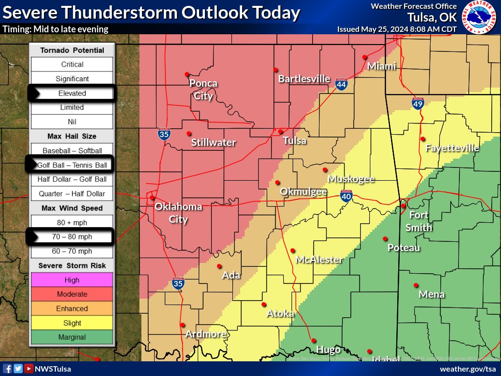 NWStulsa's tweet image. [8:15 AM 5/25/24] Severe weather is forecast to spread into portions of E OK this evening with severe potential continuing eastward into the overnight hours. Reminder to have multiple ways to receive weather information especially any severe weather watches and warnings.
