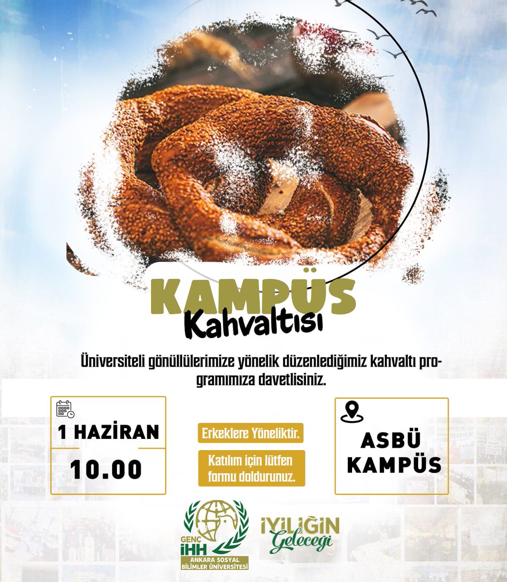 Üniversiteli gönüllülerimize yönelik düzenlediğimiz kahvaltı programımıza davetlisiniz. 🗓️ 1 Haziran Cumartesi ⏰ 10.00 📍Ankara Sosyal Bilimler Üniversitesi Katılım için lütfen formu doldurunuz. forms.gle/kJ6mqt8R92rqDJ… * Programımız erkeklere yöneliktir.