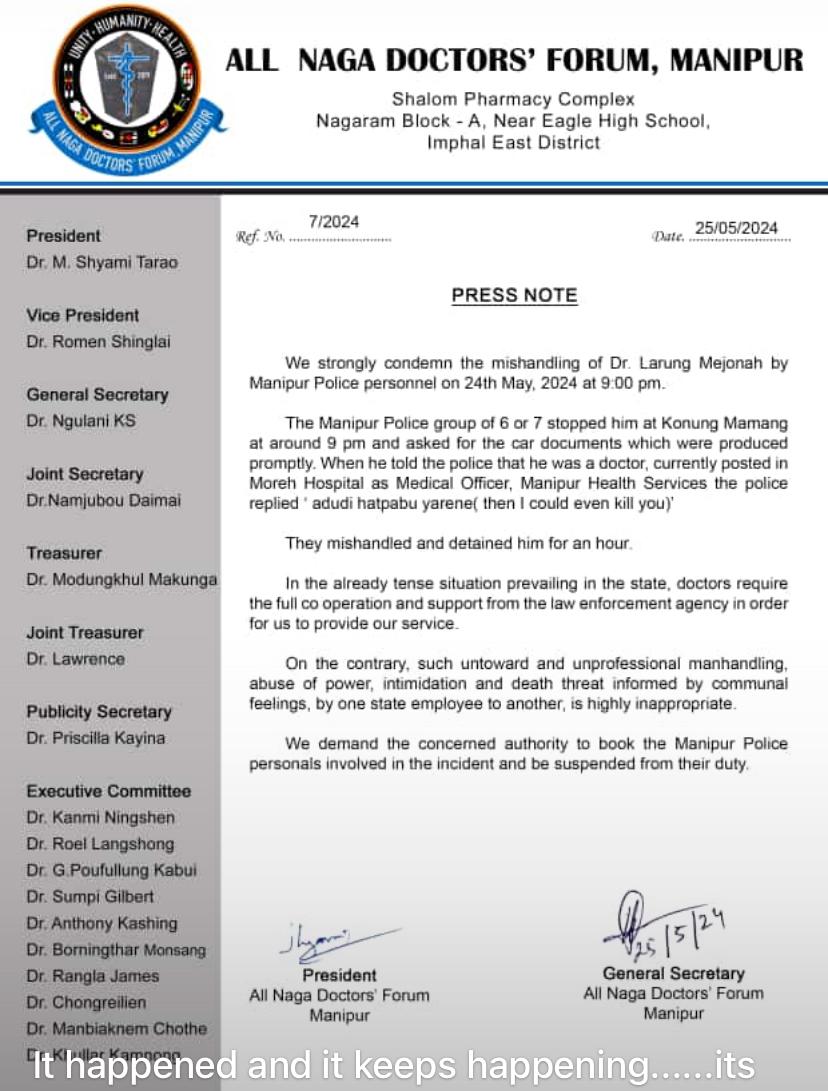 BenjaminMate1's tweet photo. When a Govt Doctor frm another community can be threatened 2 b killed in Manipur's Capital, Imphal, by Manipur Police,  for serving in Kuki-Zo areas. Kuki-Zo demand 4 Saperate Administration stand justified 2 save themselves frm being slaughter.
@AmitShah @PMOIndia @IndiaTodayNE https://t.co/ddQxoHAEnN