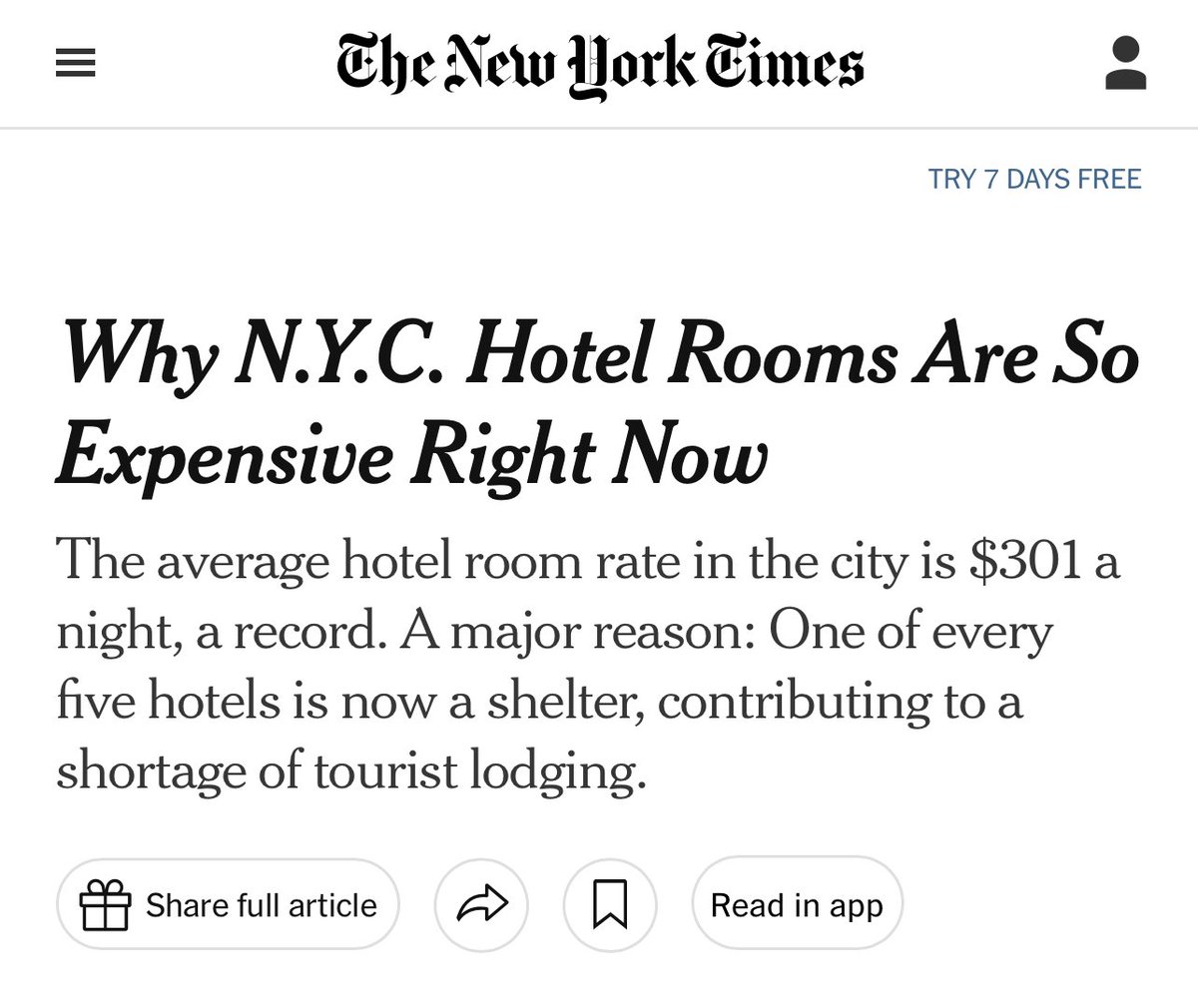 Basic Economics 101 (Supply & Demand)

•NYC is using 16,532 hotel rooms as migrant shelters.

•Available Airbnbs at 3,705 (down from 22,000) prior to the ban

—This is why lodging in New York has skyrocketed as travelers are paying record high prices for stays.

This isn’t
