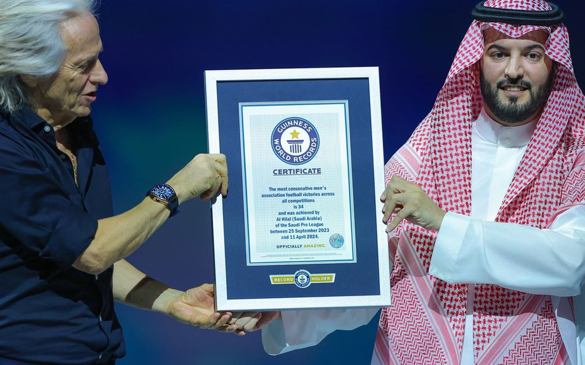 Al Hilal receives their official Guinness World Record certificate for 34 consecutive men's football victories.