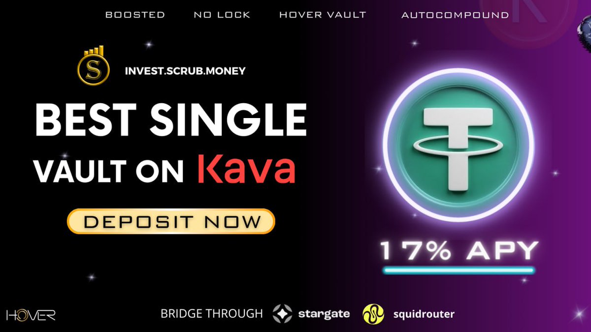 Single Vault native #USDT dishing out sustained yield, stress-free!

Try out our automated farming strategies on Scrub Invest, powered by @hover_market

Invest.scrub.money

#KAVA #Yield #USDT #KavaGang #Hover #YieldFarming