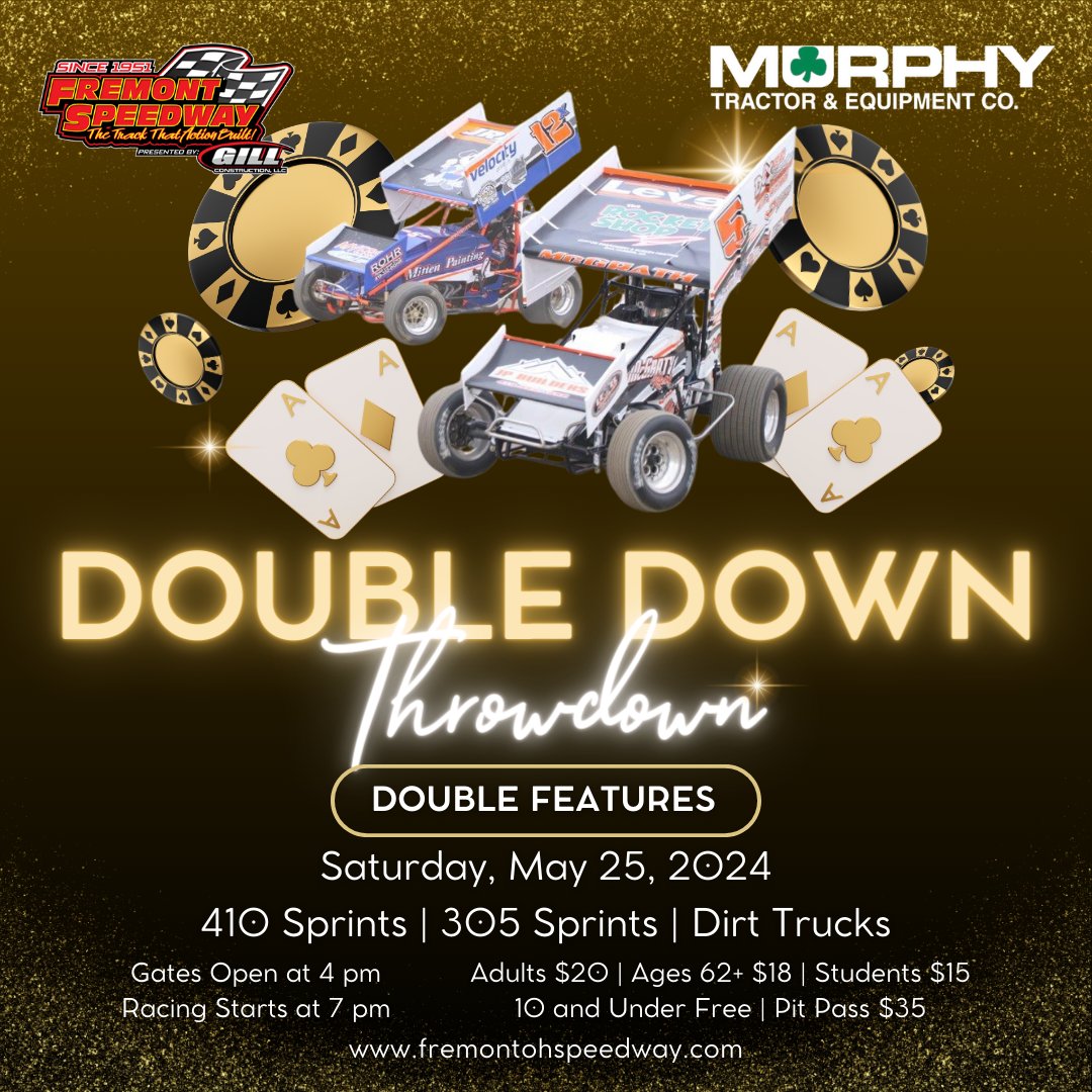 FremontSpeedway's tweet photo. HEY RACE FANS! It's race day at the Track That Action Built! Gates open at 4 pm for the first of two race nights this weekend. Tonight's Murphy Tractor &amp; Equipment Co. Double Down Throwdown features DOUBLE FEATURES for all three divisions (410s, 305s and dirt trucks) More info 👇 https://t.co/GGHt7NY2b0