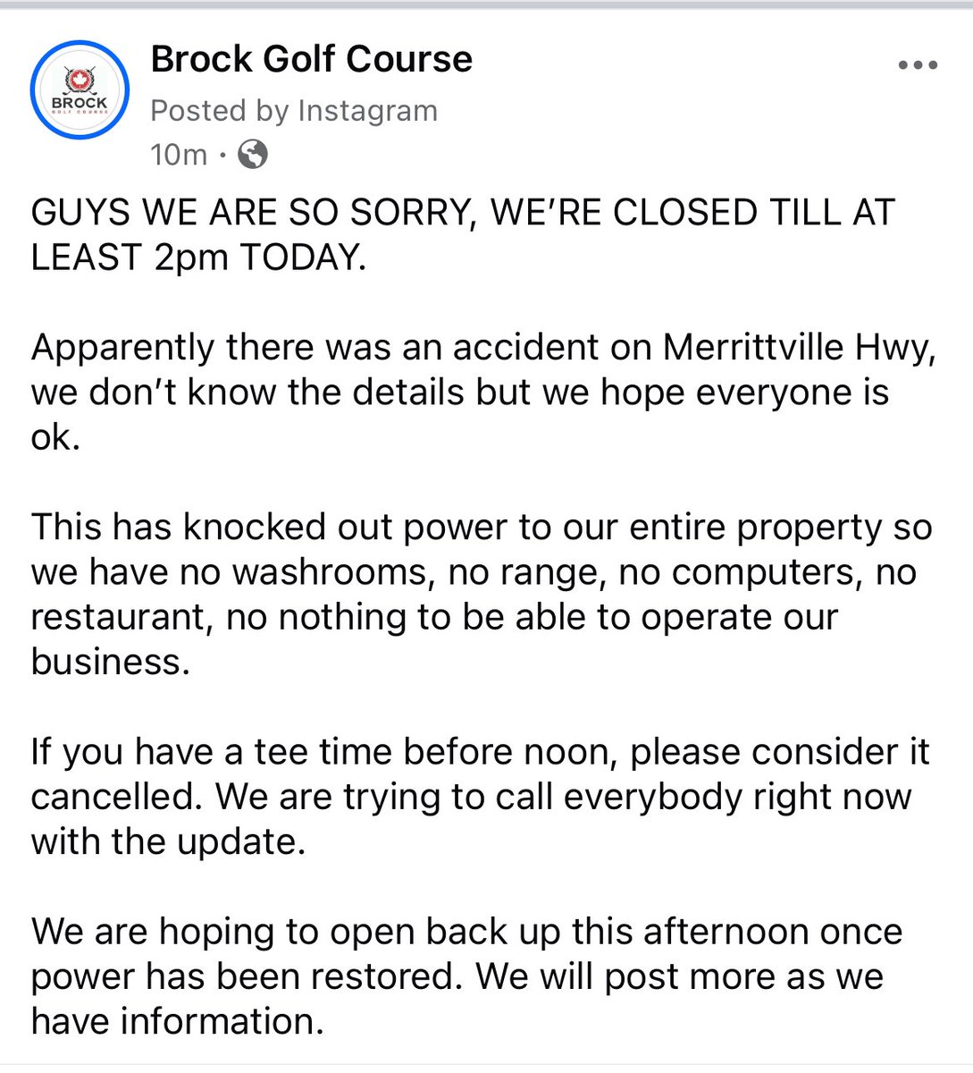 BrockGolfCourse's tweet photo. Important updates if you were planning to come over today ☹️ https://t.co/LthWtaHjZJ