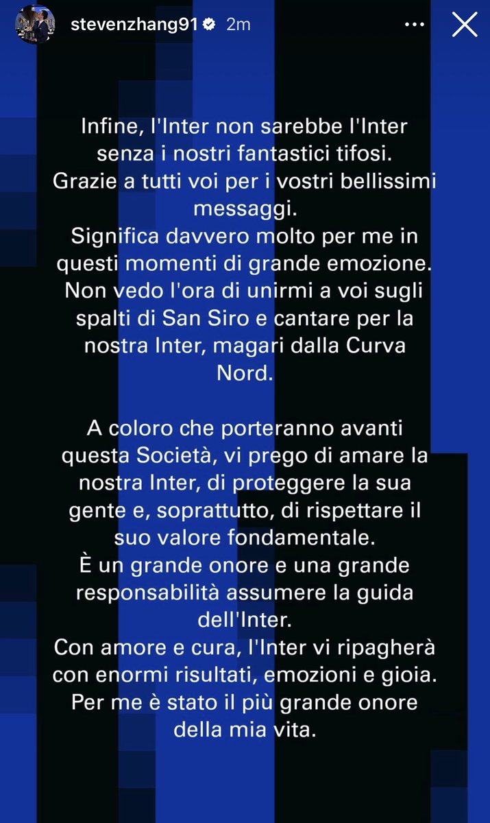 La despedida de Steven #Zhang con palabras verdaderas desde su 🖤💙 que ahora será reconocido como #UnoDiNoi manifestando el deseo de volver para estar en el estadio, cantar y compartir con nosotros los tifosi. 

Grazie Steven
Grazie Familia #Zhang