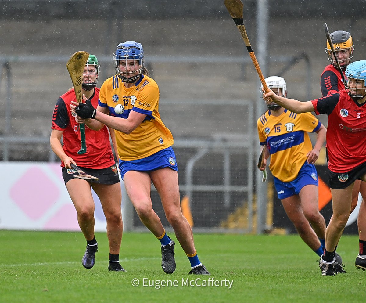 Aine O’Loughlin drives the ball to the net for Clare’s goal against Down in Cusack Park. Result in rd 1 of the All-Ireland Senior Camogie Championship it’s @ClareCamogie 1-14 @downcamogie 1-5. Photograph by @eugemccafferty.