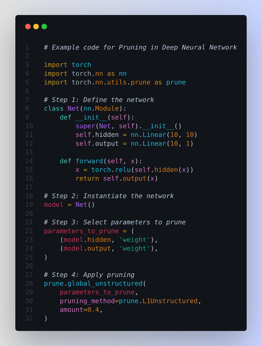 📌 Quick fundamental - Pruning in Neural Network with built-in Pytorch util

Simply put, with Pruning we removes weights or biases (parameters) from a neural network. If done right, this reduces the memory footprint of the model, improves generalization, speeds-up inference, and