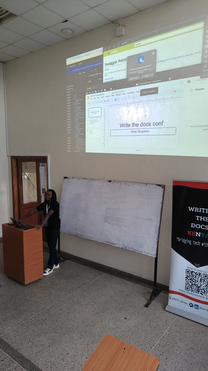 Brian is on stage with a talk on @SwaggerApi Docs YAML as API REST. Interface #WTDKenya #WTDSummitKE2024