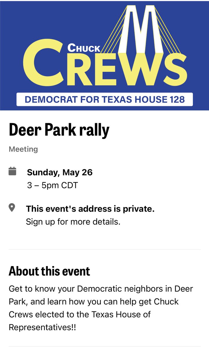 REMINDER!! Deer Park Democrats are meeting tomorrow (Sunday 5/26) at 3pm! To sign up, head over to linktr.ee/CrewsForTX 🤠 Hope to see y’all there!

#CrewsForHD128
#CrewsForTX
#DeerPark
#VoteBlue