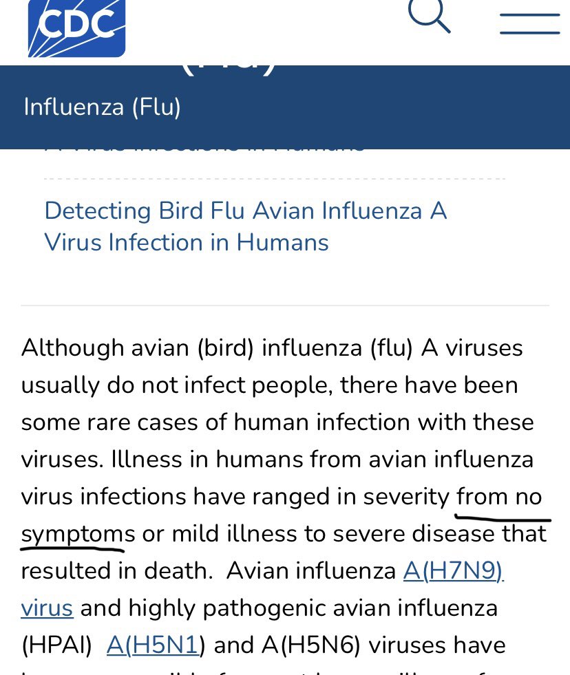 This is straight from the CDC website. 

Bird Flu - Here they go again telling you that there may be NO SYMPTOMS, yet may cause high levels of mortality.

We have seen this movie before. 

DO NOT COMPLY. Look what happened to the Super Size Me dude.
cdc.gov/flu/avianflu/a…